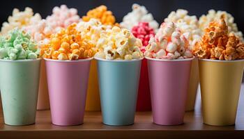 ai gerado uma colorida lanche coleção dentro descartável copos, refrescante e doce gerado de ai foto