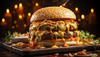 ai gerado grelhado hamburguer em rústico pão, Derretendo queijo, fresco tomate gerado de ai foto