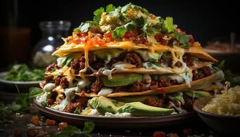 ai gerado grelhado carne taco com fresco vegetais, caseiro guacamole, e queijo cheddar gerado de ai foto