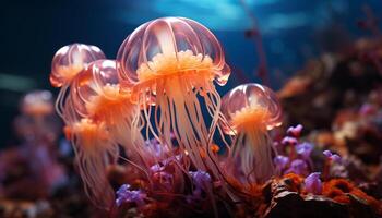 ai gerado brilhando embaixo da agua beleza peixe, coral, e medusa natação juntos gerado de ai foto