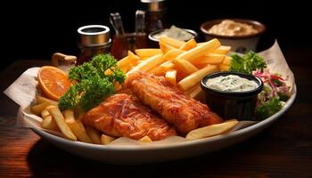 ai gerado grelhado carne, fritas, e salada em uma placa, pronto para comer gerado de ai foto