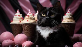 ai gerado fofa gatinho indulgente dentro chocolate, a comemorar aniversário com presentes gerado de ai foto