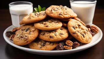 ai gerado uma pilha do caseiro chocolate lasca biscoitos em uma mesa gerado de ai foto