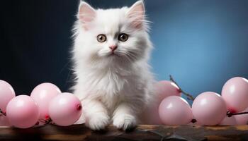 ai gerado fofa gatinho sentado, olhando às Câmera, com azul balão gerado de ai foto