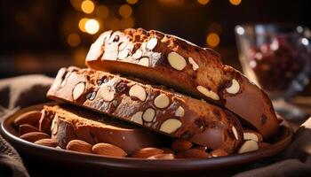 ai gerado uma pilha do caseiro chocolate amêndoa biscoitos em rústico madeira gerado de ai foto