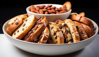 ai gerado recentemente cozido caseiro pão, empilhado Alto com indulgente chocolate biscoitos gerado de ai foto