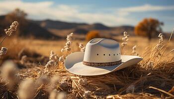 ai gerado vaqueiro chapéu, Palha chapéu, pôr do sol homens e mulheres relaxar ao ar livre gerado de ai foto