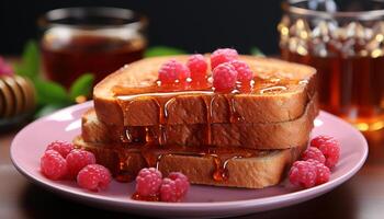 ai gerado caseiro gourmet sobremesa fresco framboesa fatia em chocolate panqueca gerado de ai foto