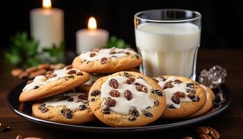 ai gerado caseiro chocolate lasca biscoitos em rústico de madeira mesa gerado de ai foto