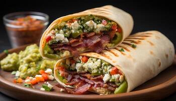 ai gerado fresco guacamole e carne em uma caseiro tortilha, uma gourmet refeição gerado de ai foto