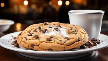 ai gerado recentemente cozido chocolate lasca biscoitos em uma rústico de madeira mesa gerado de ai foto