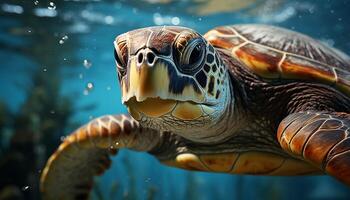 ai gerado uma lento mar tartaruga natação dentro a azul embaixo da agua gerado de ai foto