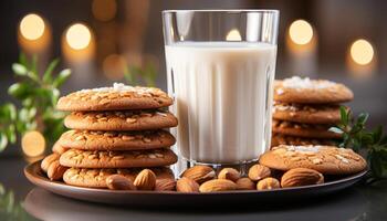 ai gerado caseiro chocolate lasca biscoitos em rústico mesa, leite para refresco gerado de ai foto