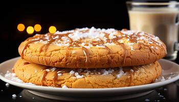 ai gerado recentemente cozido chocolate lasca biscoitos em uma prato gerado de ai foto