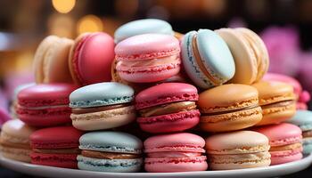 ai gerado uma colorida macaroon pilha, uma doce francês indulgência em uma prato gerado de ai foto