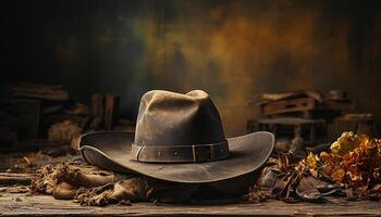 ai gerado velho formado vaqueiro chapéu e couro chuteiras dentro rústico rancho cena gerado de ai foto