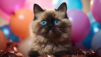 ai gerado fofa gatinho com azul balão comemora aniversário, brincalhão e Diversão gerado de ai foto