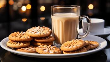 ai gerado caseiro chocolate lasca biscoitos em de madeira mesa, com café gerado de ai foto