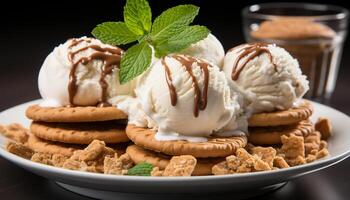 ai gerado caseiro gourmet sobremesa fresco hortelã gelo creme em chocolate bolacha gerado de ai foto