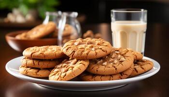 ai gerado uma pilha do caseiro chocolate lasca biscoitos em uma rústico mesa gerado de ai foto