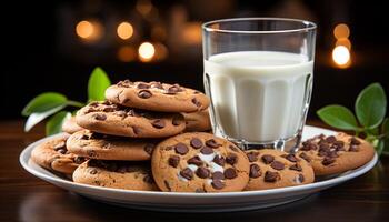 ai gerado recentemente cozido chocolate lasca biscoitos em uma de madeira mesa gerado de ai foto