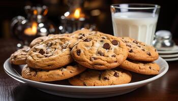 ai gerado uma pilha do caseiro chocolate lasca biscoitos em uma mesa gerado de ai foto