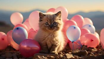 ai gerado fofa gatinho jogando com brinquedo, cercado de colorida balões gerado de ai foto