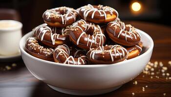 ai gerado recentemente cozido rosquinha em uma de madeira mesa, tentador indulgência gerado de ai foto