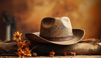 ai gerado rústico vaqueiro chapéu em de madeira mesa, outono folhas dentro fundo gerado de ai foto