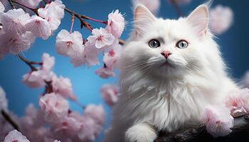 ai gerado fofa gatinho sentado em filial, cercado de Rosa cereja flores gerado de ai foto