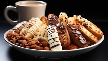 ai gerado recentemente cozido chocolate lasca biscoitos em uma de madeira prato gerado de ai foto