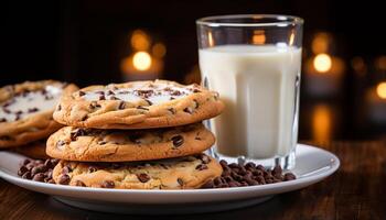 ai gerado recentemente cozido chocolate lasca biscoitos em uma rústico de madeira mesa gerado de ai foto