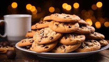 ai gerado uma pilha do caseiro chocolate lasca biscoitos em rústico mesa gerado de ai foto