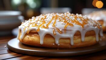 ai gerado recentemente cozido caseiro rosquinha, doce indulgência em de madeira mesa gerado de ai foto