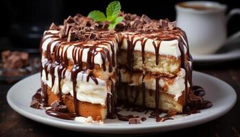 ai gerado uma decadente fatia do caseiro chocolate bolo em uma prato gerado de ai foto