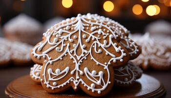 ai gerado caseiro Pão de gengibre biscoitos decorar a mesa, uma inverno tradição gerado de ai foto