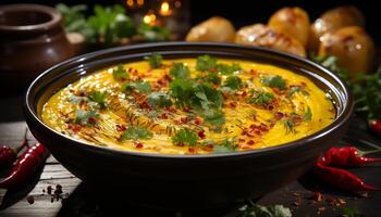 ai gerado fresco vegetal sopa, uma saudável caseiro vegetariano almoço em madeira gerado de ai foto