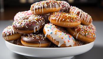 ai gerado gourmet rosquinha pilha, tentador indulgência do doce, fresco cozido alegria gerado de ai foto