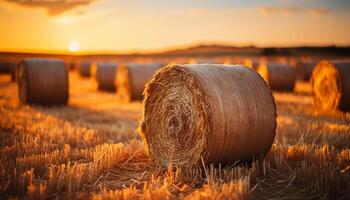 ai gerado dourado trigo fardos ponto a rural Prado às pôr do sol gerado de ai foto