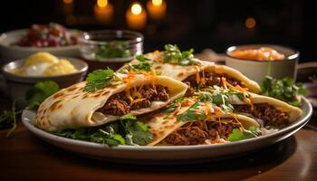 ai gerado grelhado carne taco com guacamole, coentro, e fresco legumes gerado de ai foto