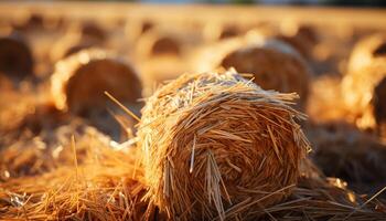 ai gerado agricultura indústria colheita trigo, rolando feno fardos dentro Prado gerado de ai foto