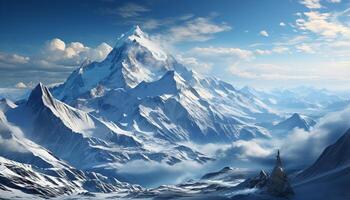 ai gerado majestoso montanha pico, neve tampado, tranquilo cena, natureza beleza dentro panorâmico gerado de ai foto