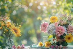 ai gerado iluminado pelo sol floral arranjo com girassóis e dálias foto