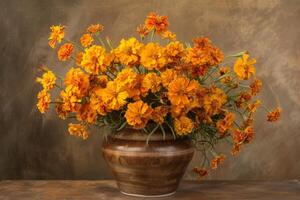 ai gerado calêndula flores dentro louça de barro vaso em vintage mesa foto