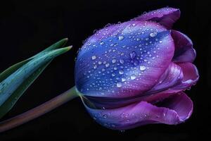 ai gerado orvalhado roxa tulipa em Sombrio fundo foto