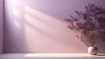 ai gerado decorativo árvore dentro vaso com roxa muro. minimalista composição, luz sombra, roxa tom foto