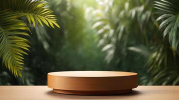 ai gerado de madeira produtos pódio em de madeira mesa dentro tropical jardim. 3d render foto