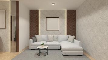minimalista interior vivo quarto Projeto com confortável almofada sofá, 3d ilustração foto