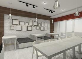 interior cafeteria Projeto com conjunto jantar mesa e parede decoração, 3d ilustração foto