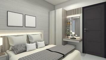 minimalista interior quarto com simples guarda roupa gabinete e vestir mesa, 3d ilustração foto
